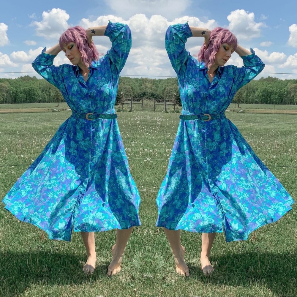 1980s Vintage Floral Print Belted Secretary Dress